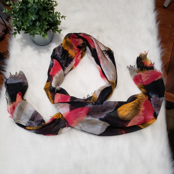 Black Multi-Color Feather Print Scarf, Light - Picture 2 of 7